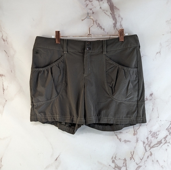 Athleta Shorts Women 10 12 Green Army Nylon Drawstring Mid Rise Ruched Pocket * - Picture 1 of 11